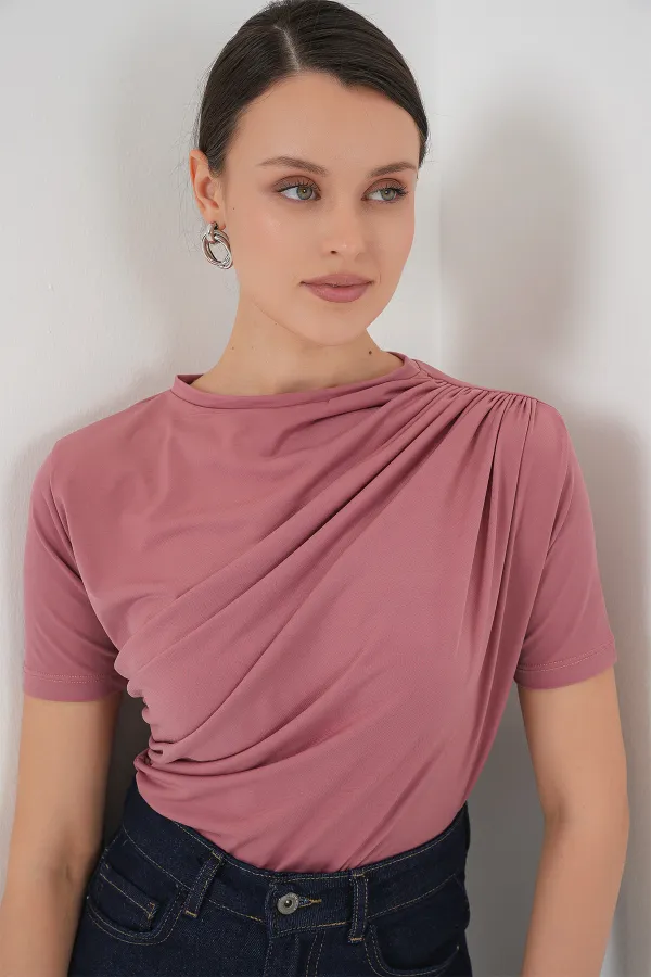 Chemisier Sandy à manches courtes et détails froncés 945 - Rose poudré