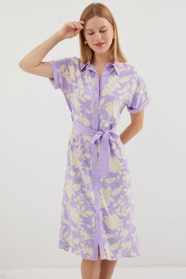 2455 Patterned Shirt Dress - Lilac