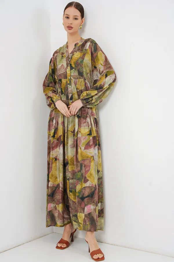 Women's Patterned Long Hijab Dress 2585 - Light Green