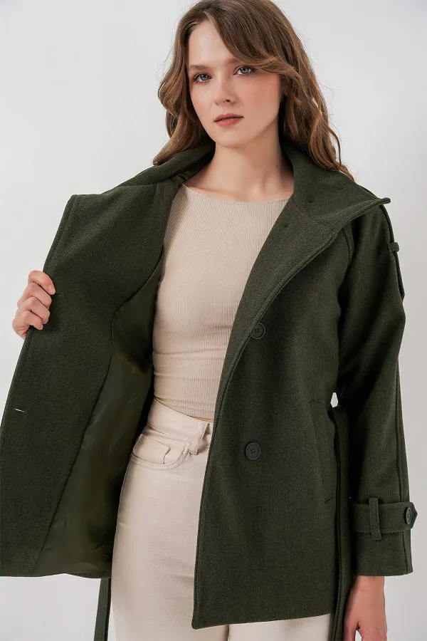 Manteau en cachemire ceinturé pour femme 9162 - Kaki