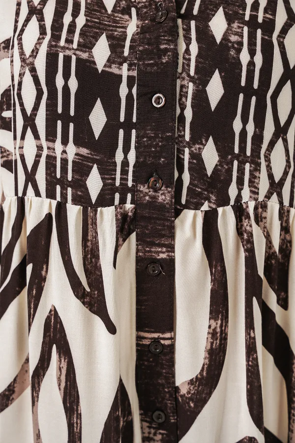 Kadın Desenli Uzun Tesettür Elbise 2585 - K. Taba