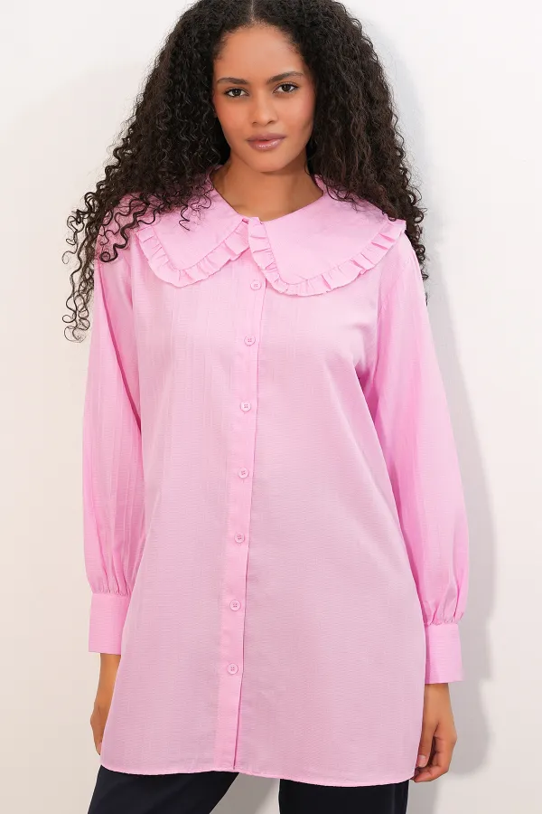 Women's Wide Collar Ruffle Detail Striped Tunic Shirt 5993 - Pink