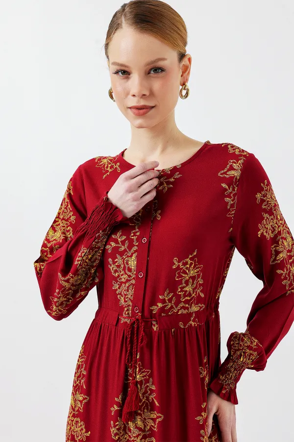 2145 Desenli Tesettür Elbise - B.Kırmızı