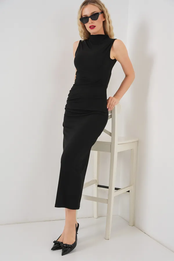 Robe drapée plissée à manches zéro pour femme 2579 - Noir