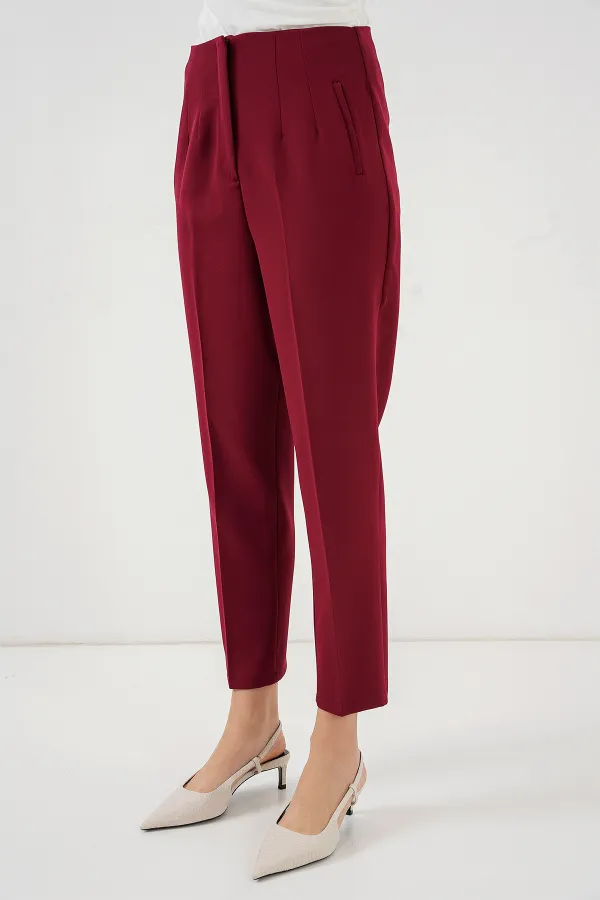 Pantalon taille haute en tissu 6650 - Bordeaux