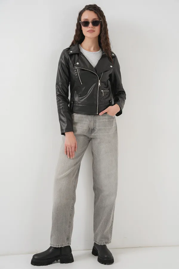 1025 Suni Deri Biker Ceket - Siyah