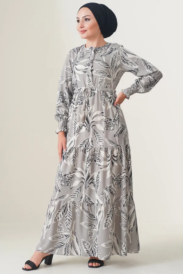 2145 Patterned Hijab Dress - Stone