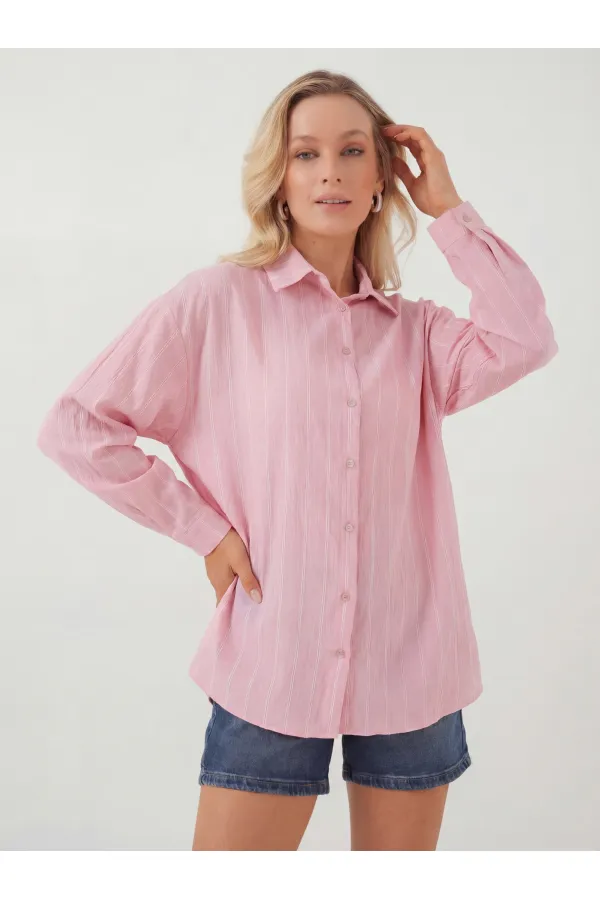 Women's Striped Oversize Shirt 20293 - Pink