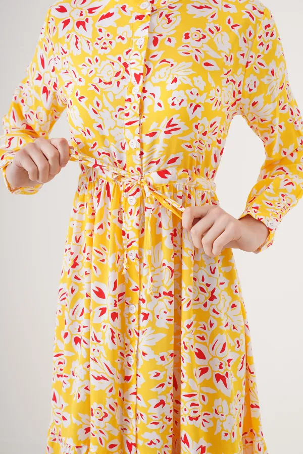 2144 Hakim Yaka Tesettür Elbise - Sarı