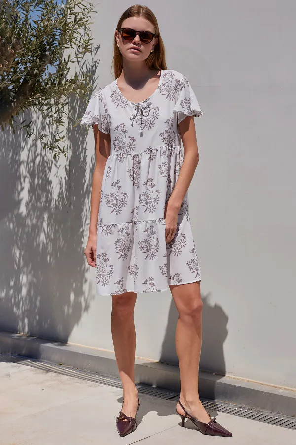 2352 V-Neck Short Dress - Light Brown