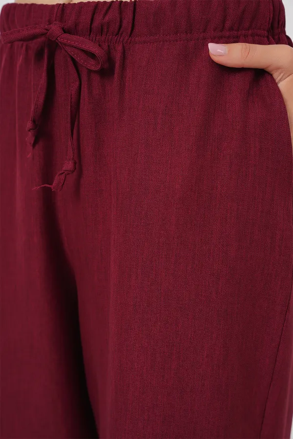Women's Wide Leg Linen Trousers 6735 - Burgundy