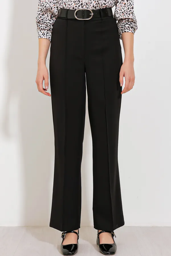Women's Black High-Waisted Fabric Trousers 6584