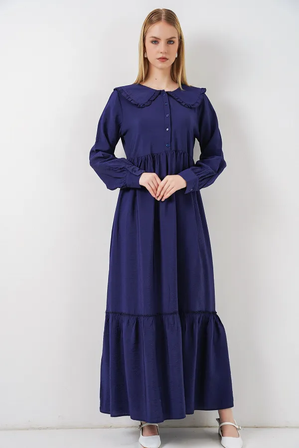 Kadın Bebe Yaka Uzun Tesettür Elbise 2592 - Lacivert