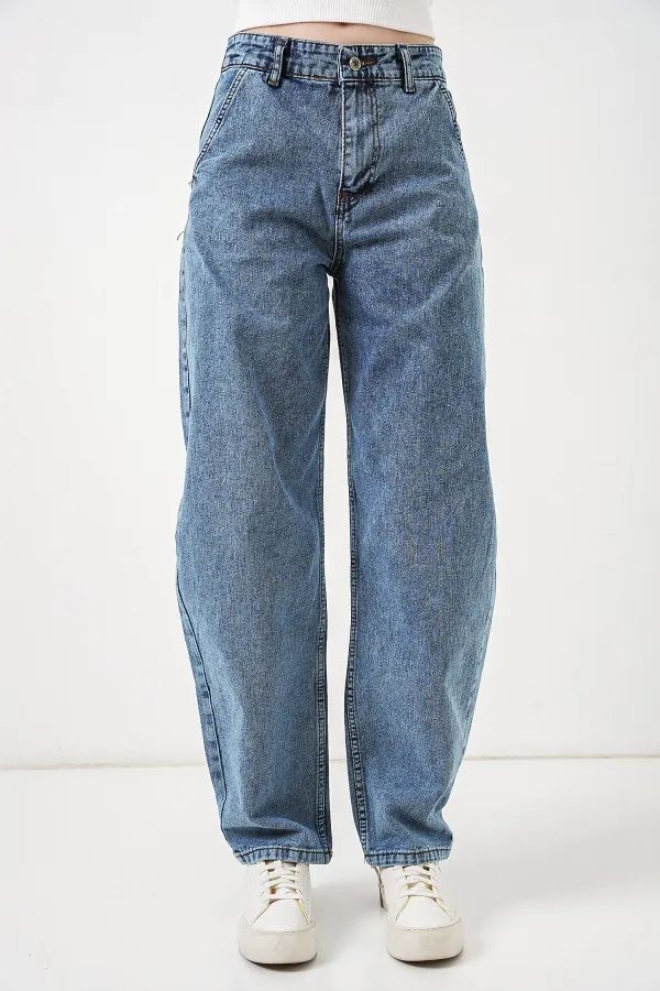6689 Kadın Yüksek Bel Baggy Kot Pantolon - Mavi