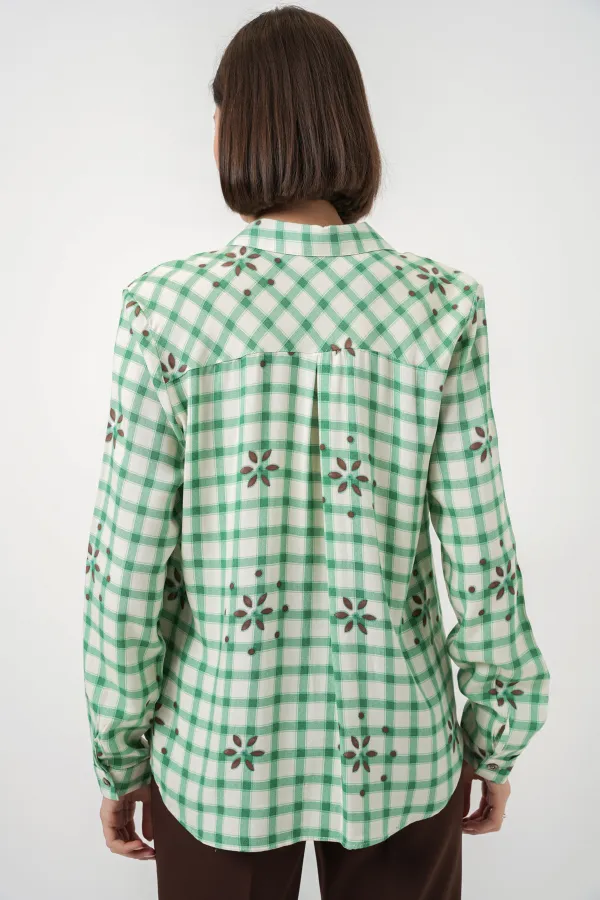 Kadın Desenli Oversize Viskon Gömlek 20371 - Yeşil