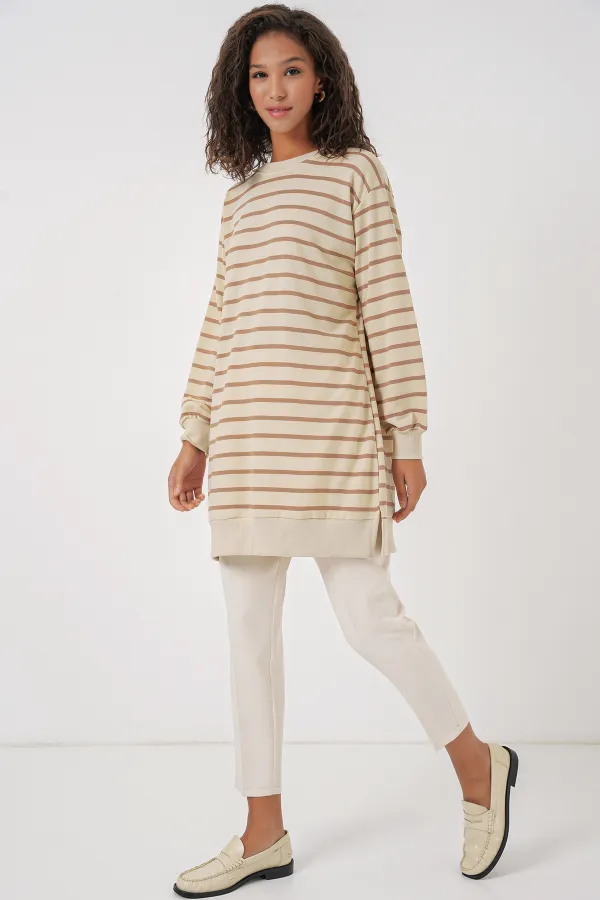Tunique hijab rayée à col rond pour femme 55452 - Biscuit