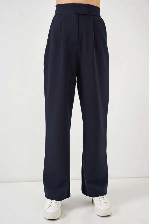 6612 High Waist Fabric Trousers - Navy Blue 6612 High Waist Fabric Trousers - Navy Blue