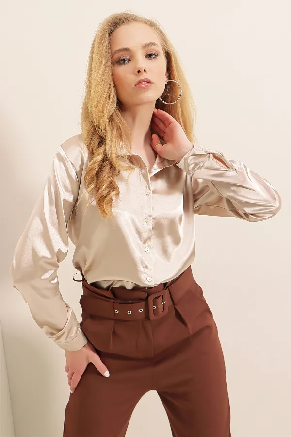 3964 Hafif Dökümlü Saten Gömlek - Bej