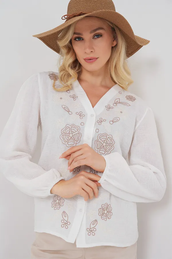 Kadın Nakışlı Uzun Kol Bluz 963 - Kahverengi