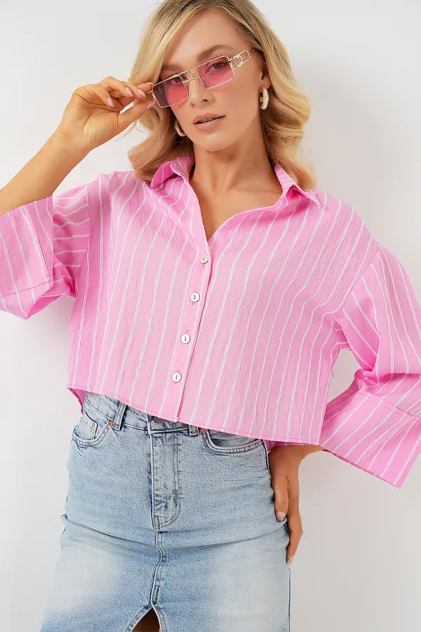 Kadın Çizgili Oversize Kısa Gömlek 20326 - Pembe