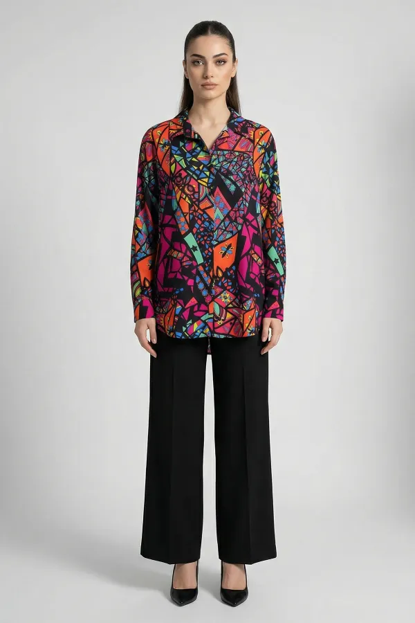 3721 Grafik Desenli Gömlek - Fuşya