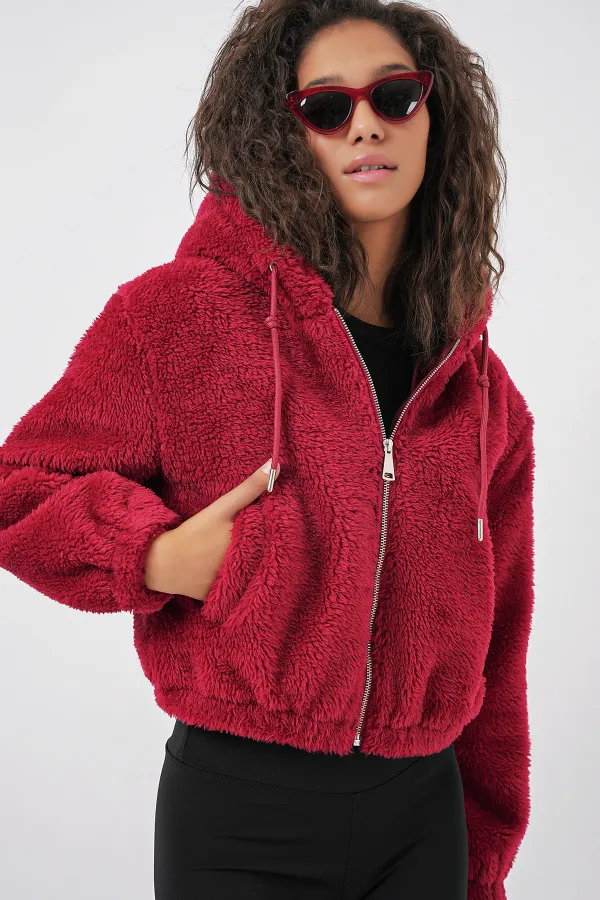 5193 Hooded Plush Crop Jacket - Claret Red