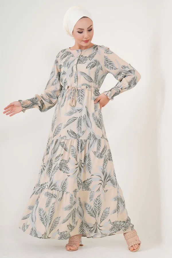 2145 Desenli Tesettür Elbise - Bej