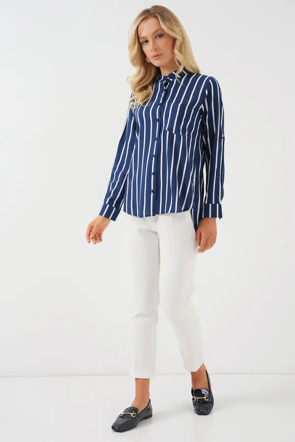 Kadın Uzun Kollu Çizgili Gömlek 20283 - A.Lacivert