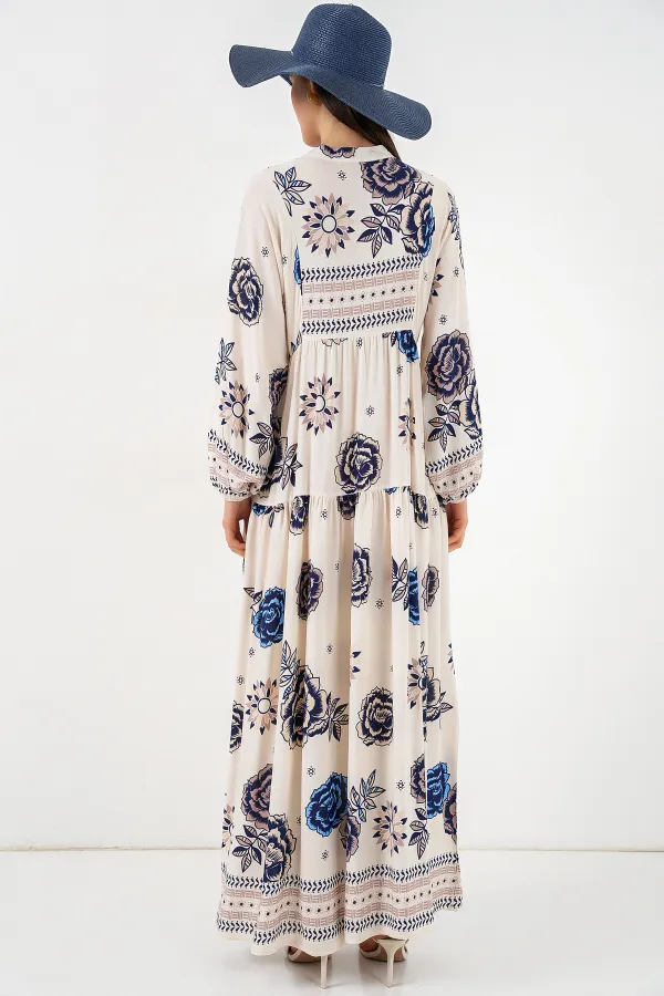 Kadın Desenli Uzun Tesettür Elbise 2585 - B.Lacivert