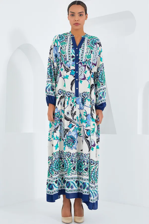 Robe hijab en viscose bleu marine et verte pour femme 2423