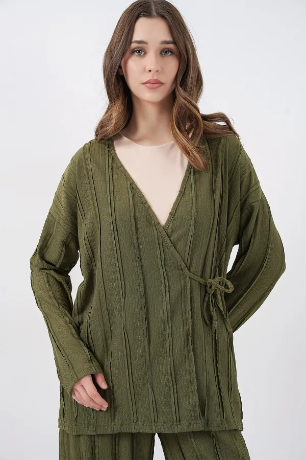 Kadın Örme Kimono Pantolon İkili Takım 30067 - Haki