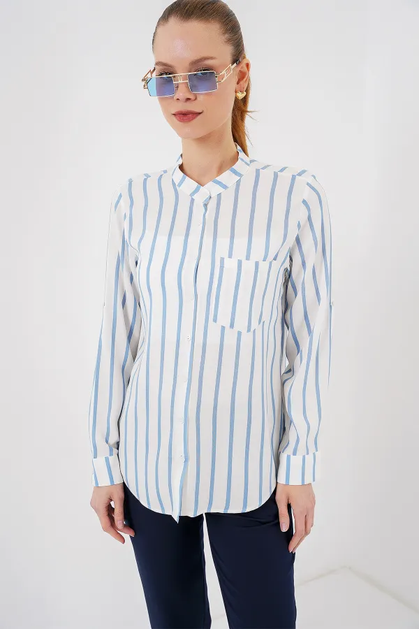 Kadın Uzun Kollu Çizgili Gömlek 20283 - Mavi