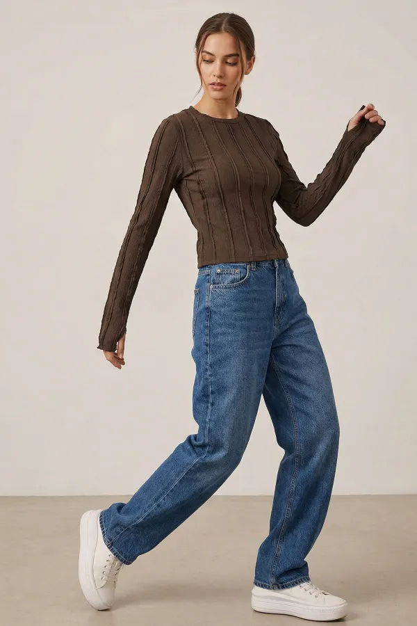 Women's Textured Knit Blouse 980 - Brown Women's Textured Knit Blouse 980 - Brown