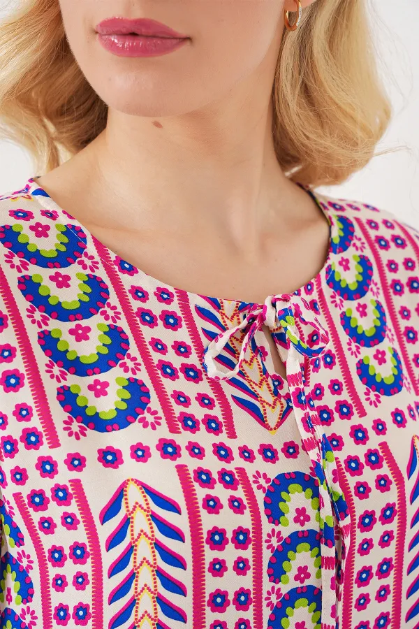 Chemisier à manches courtes à motifs pour femme 969 - Fuchsia