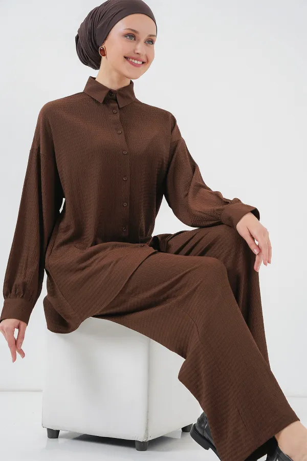 Women's Knitted Hijab Top and Bottom Set 6711 - Brown