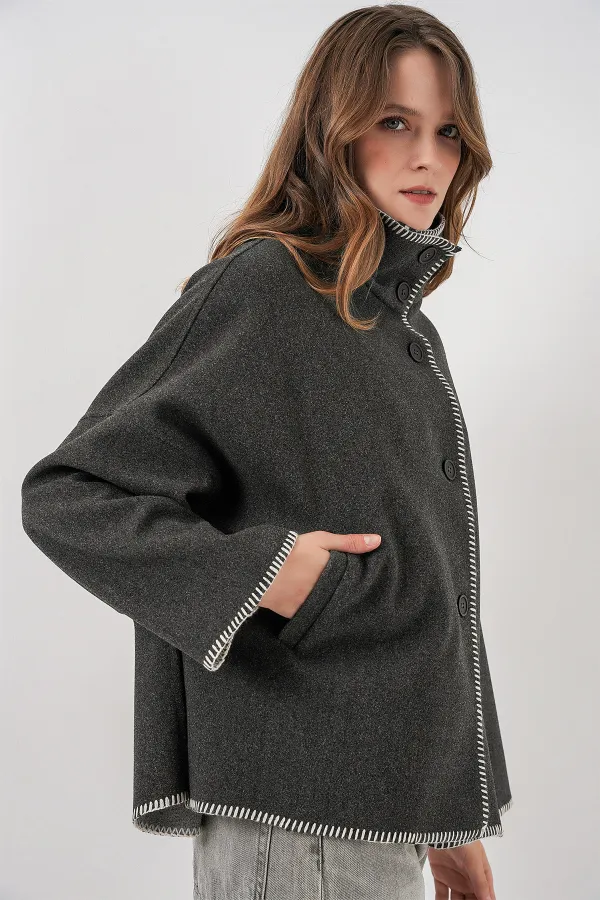 Kadın Nakışlı Kaşe Ceket 9167 - Antrasit