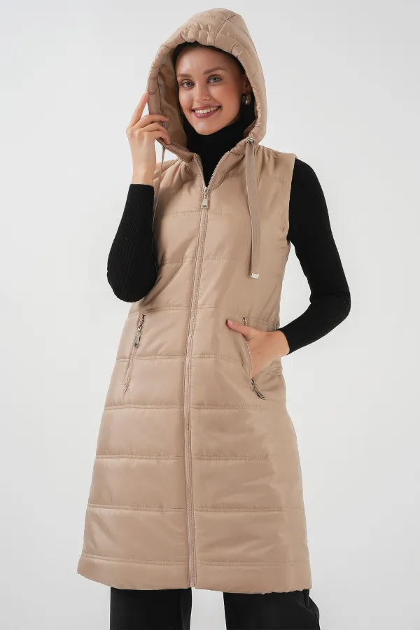 5140 Kapşonlu Uzun Şişme Yelek - Bisküvi