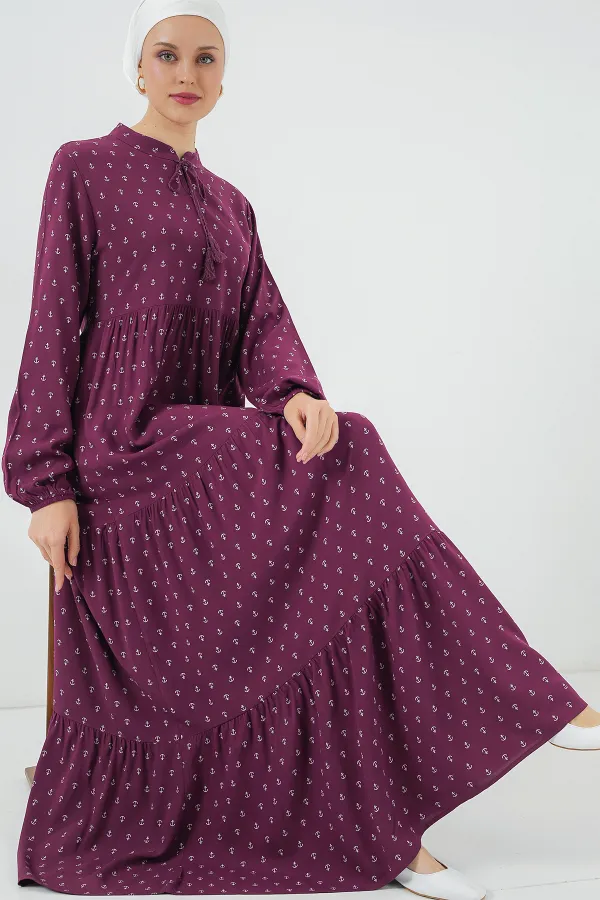 1627 Yaka Bağcıklı Tesettür Elbise - Çapa Mor