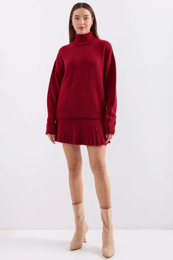 15891 Sweater Skirt Knitwear Two Piece Set - Red
