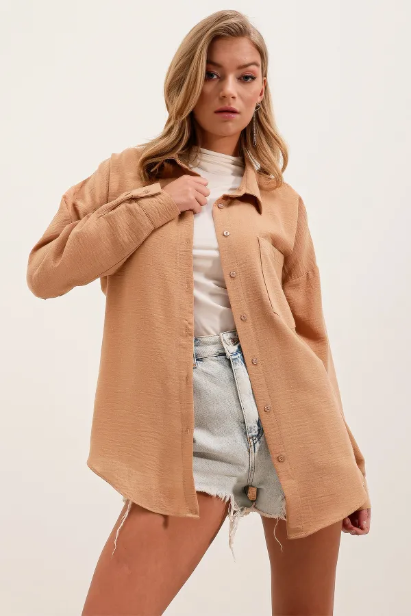 Chemise oversize en lin à poche unique 20153 - Biscuit