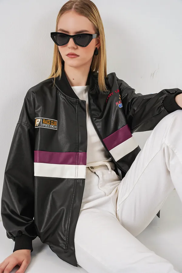 0698 Printed Faux Leather Bomber Jacket - Black - Purple