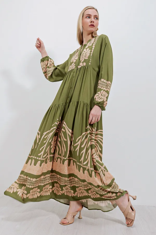 Robe hijab à motifs authentiques 2423 - Kaki