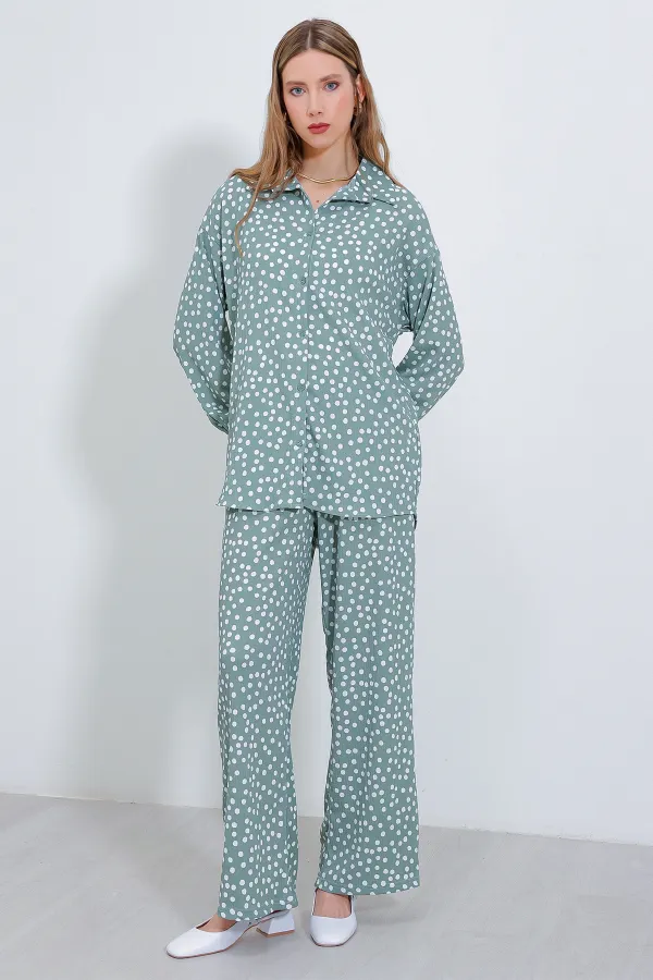 Kadın Puantiyeli Mint Ekru Örme İkili Takım 5858