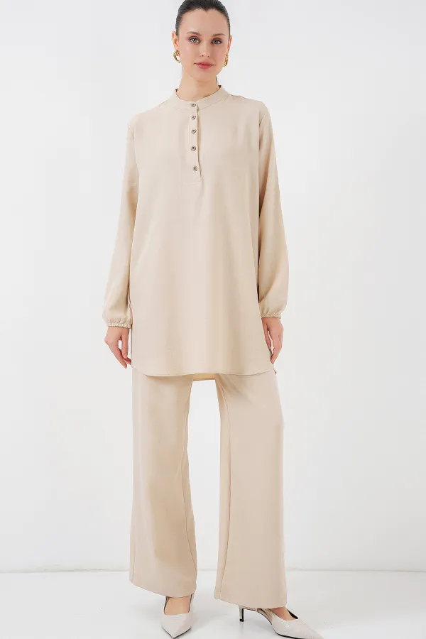 6678 Keten Tunik Pantolon İkili Takım - Bej