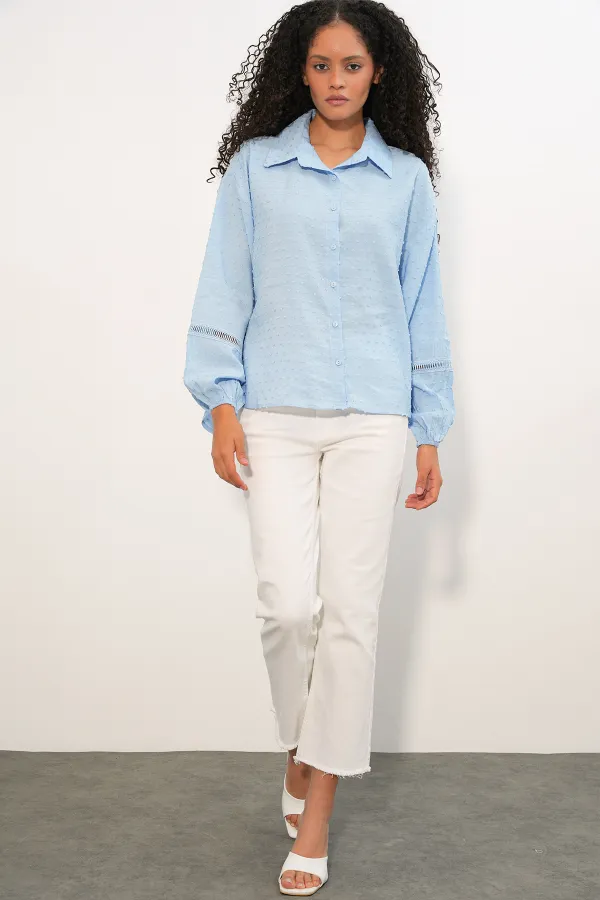 Kadın Oversize Desenli Gömlek 20379 - Mavi Kadın Oversize Desenli Gömlek 20379 - Mavi