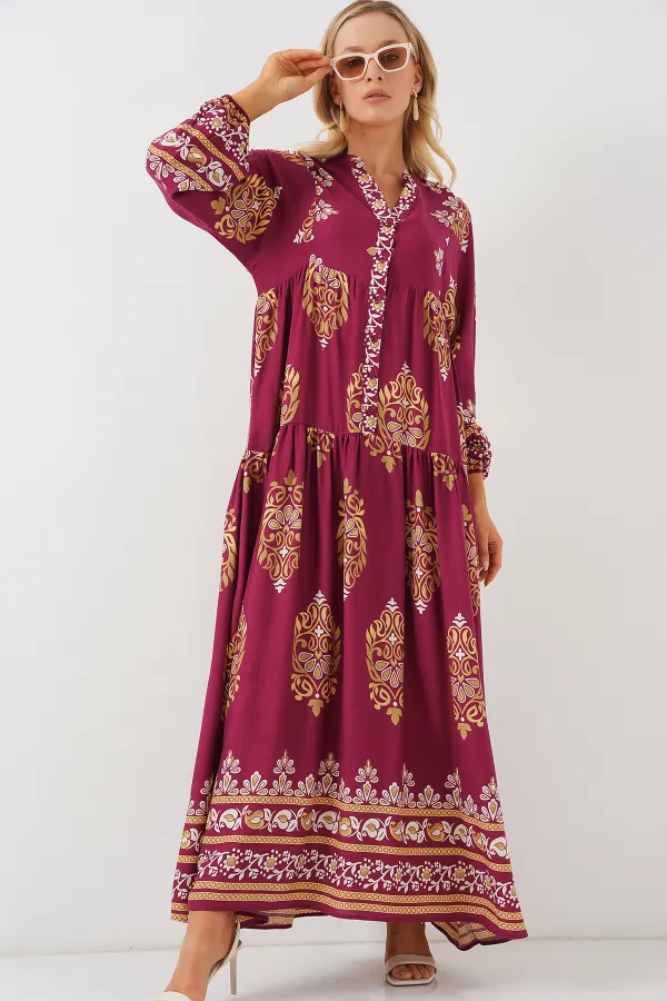 Robe hijab à motifs authentiques 2423 - Bordeaux foncé