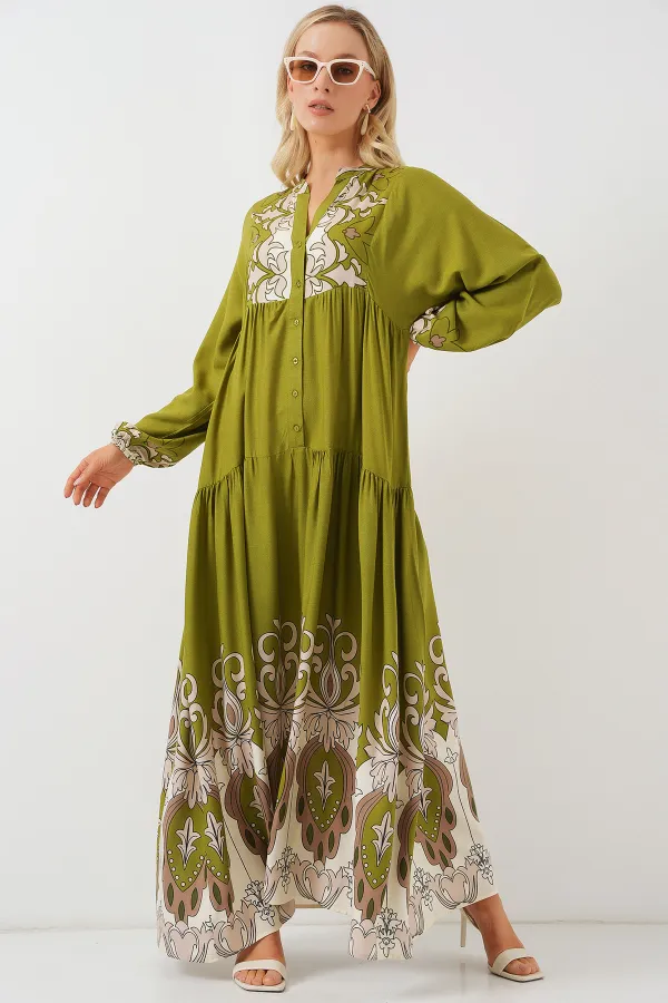 Robe hijab à motifs authentiques 2423 - Vert amande