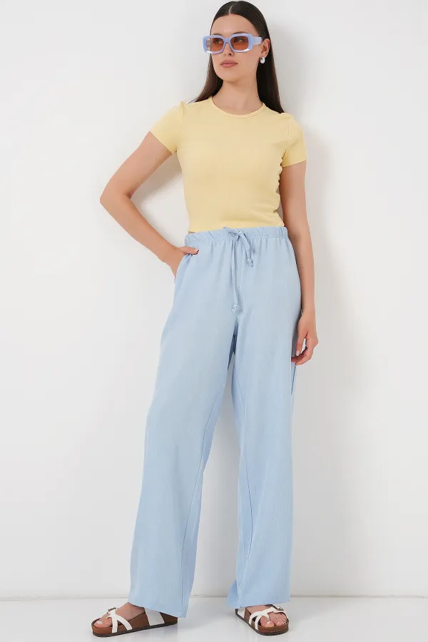 Kadın Geniş Paça Keten Pantolon 6735 - Mavi