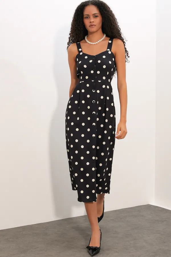 Women's Polka Dot Button-Front Strappy Midi Dress 2603 - Black