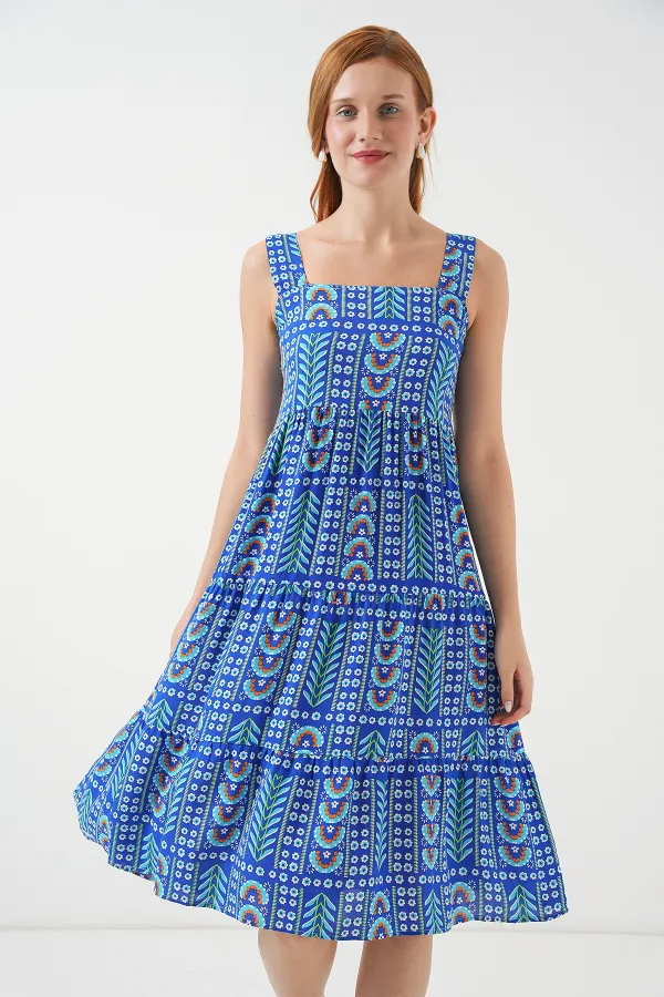 Kadın Desenli Askılı Midi Elbise 2577 - Saks